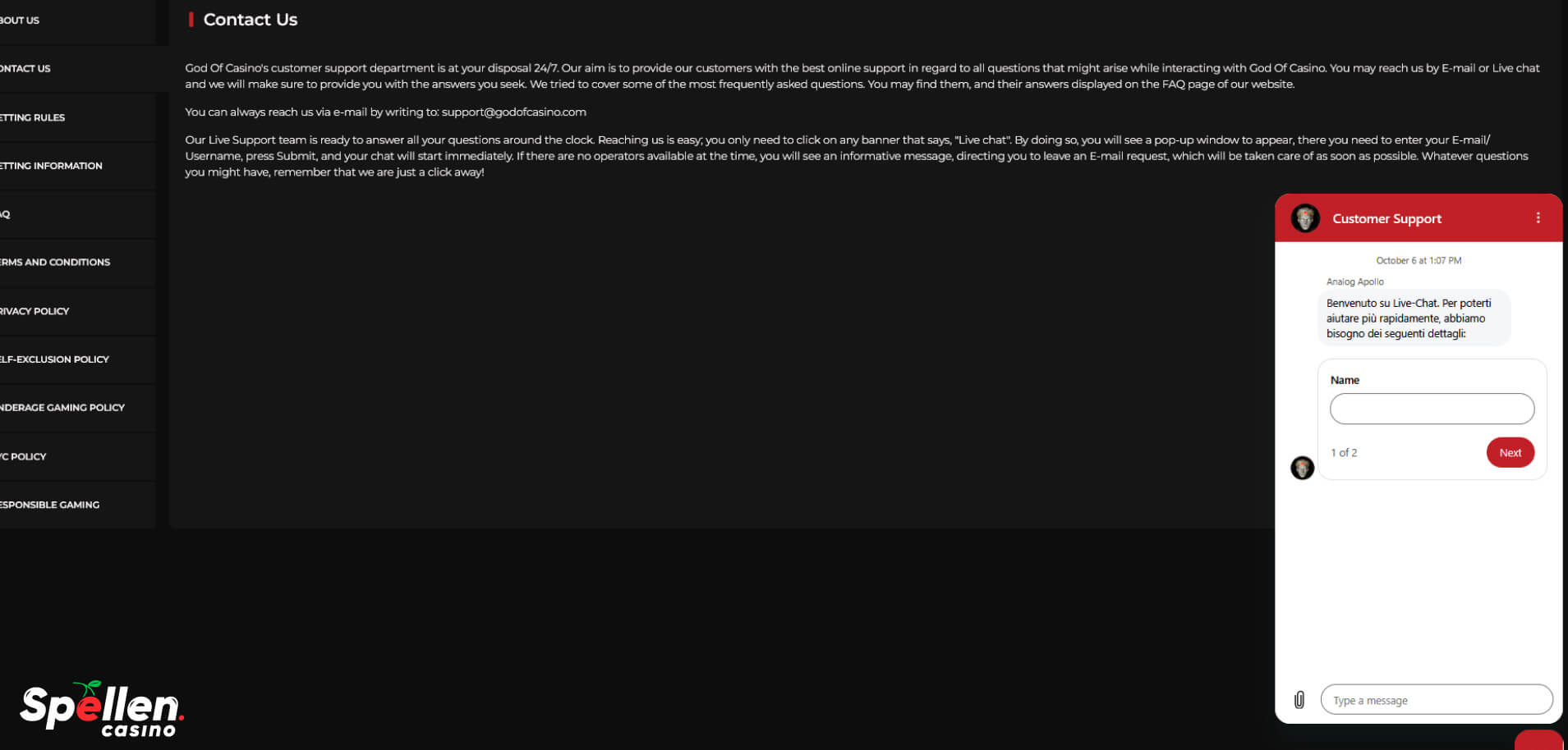 God of Casino Klantenondersteuning